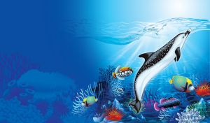 Dolphin surrounded by colorful fishes and corals in the blue gradient ocean