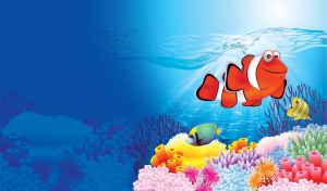 Clown fish surrounded by colorful fishes and corals in the blue gradient ocean