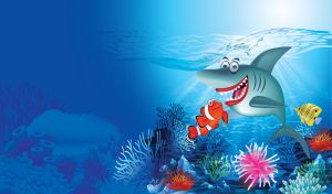 Smiling shark, clown fish and butterflyfish within corals in the blue ocean