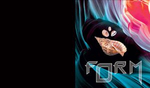 Large triton seashell with three minor shells on wavy background dark blue and pink