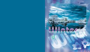 Winter scenery with snowy trees, bushes and crystal water under blue sky