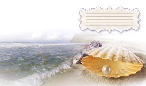 A marble pearl in an open shell on a seashore washed by emerald waves