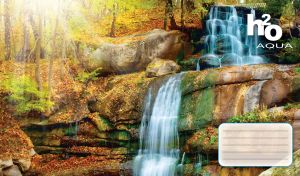 Grey rocks of a cascading waterfall in the golden autumn forest