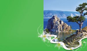 A rock in the blue sea by a lone tree on the edge of a cliff on green backing