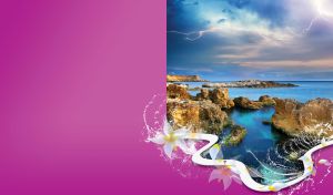 Light brown coastal rocks under the lightning sky on fuchsia backing