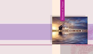 Lonely old house by the dark water on a pastel purple panel and a gray backdrop