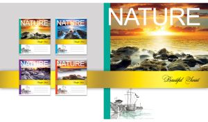 Coastline rocks in haze at a golden dawn on pastel grey backdrop with a sketch