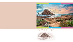 A rock shrouded in sea waves on a pastel beige panel on a white backdrop