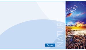 Half size layout of a fiery sunset gradient sky over the sea on pastel blue