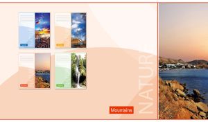 Half size layout of a seaside resort by the mountains at dusk on pastel beige