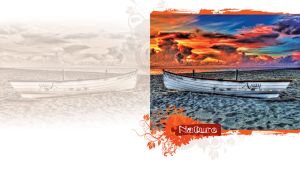 A maritime scene of a boat at motley sunset on faded sepia duplex print on white