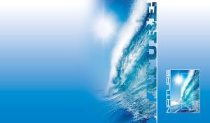 Ocean wave crest splashes sparkle in the sunlight on a blue vignette background