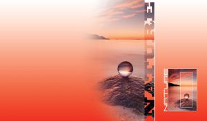 Lensball on a rock on the beach at sunset on a red vignette background