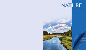 River landscape in a valley against pastel blue backdrop with a blue panel on the right