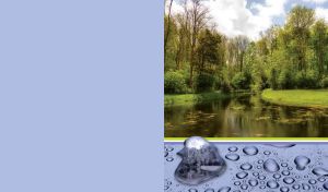 Lake in a dense green forest on a light navy backdrop with a water drop pattern