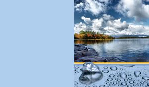 Dark river beneath the clouds on a light blue backdrop with a water drop pattern