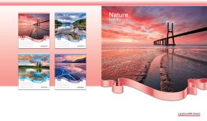 Ocean beach waterscape with bridge on light pink gradient and white background