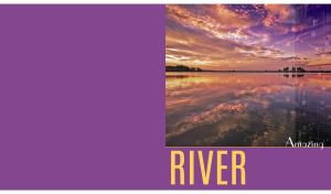 Sunset riverscape with orange cirrus clouds with raindrops on glass on purple