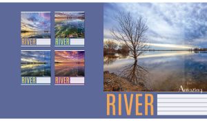 Autumn riverscape with a leafless trees with raindrops on glass on light navy