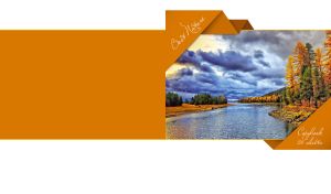 Overcast autumn riverscape in an ocher ribbon frame and a white backdrop