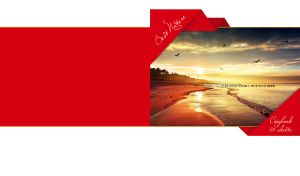 Birds fly over the sunset beach in a red ribbon frame and a white backdrop