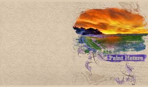 Golden sunset watercolor landscape painted on a textured beige wallpaper