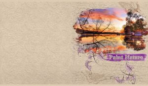 Village by a river watercolor landscape painted on a textured beige wallpaper