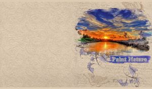 Sunset at a lake watercolor landscape painted on a textured beige wallpaper