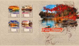 Red maple by a river watercolor landscape painted on a textured beige wallpaper