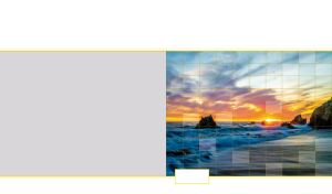 Checkered view on rocky beach with foamy waves at sunset on gray-white backdrops