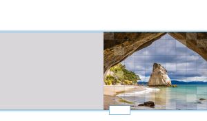 Checkered view on a giant rock in the azure sea on gray and white backdrop