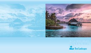 Overwater bungalows under purple sky of the Maldives on pastel blue backdrop
