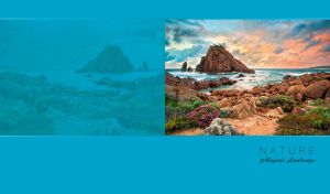 Majestic landscape of a rocky shore and a rock in the sea on a blue backdrop