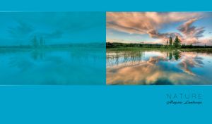 Majestic landscape with sunset sky reflected in a calm pond on a blue backdrop