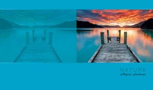 Majestic landscape with a wooden pier over a mountain lake on a blue backdrop