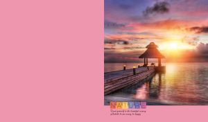 Wooden jetty with gazebo in the light of a sunset on a pink backdrop