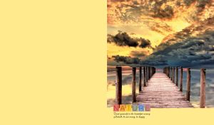 Wooden pier under scattered storm clouds on light yellow backdrop