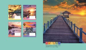 Wooden beach pier and a gazebo at sunset on pastel teal backdrop