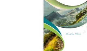 Mountain tops and a verdant slope in a wavy pattern frame on a white background