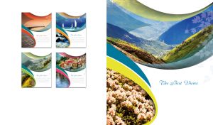 Mountain valley and wildflowers in a wavy pattern frame on a white background