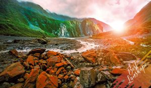 Best landscape with a stream in a rocky valley at a white-pink sunrises