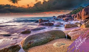 Best landscape with violet waves at a rocky coastline beneath dramatic clouds