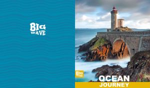 Monumental lighthouse overseeing the misty ocean on teal-blue