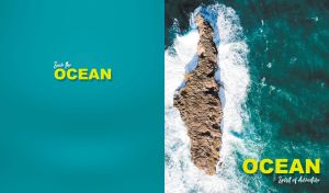 Top view of a rocky island in a turquoise ocean on a teal backdrop