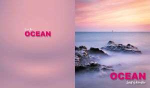 Skyline view of a misty ocean bathed in twilight hues on a pink backdrop
