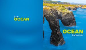 Elevated view of rock formations overlooking the ocean on a blue backdrop