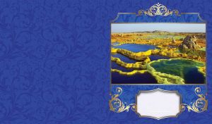 Landscape with yellow salt plains and blue volcanic lakes in Dallol on navy blue