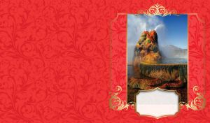 Landscape of Fly Ranch Geyser in Nevada on a red vintage floral backdrop