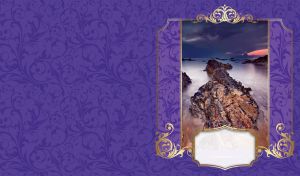 Landscape of a rocky seascape of Pantai Pandak in Malaysia on a violet backdrop