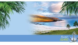 White sand shore, ocher hills and a beach with palm trees by the blue bay